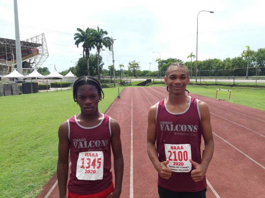 Nabarnie Alleyne (left) and Moses McConney of Tobago Falcons. - 