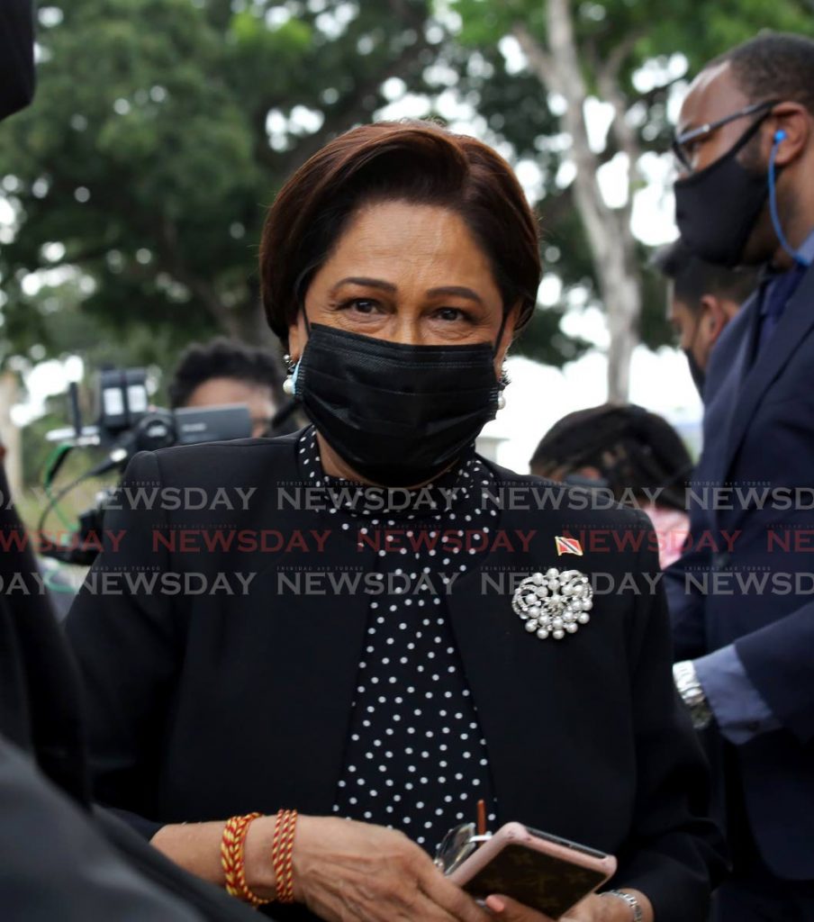 Opposition Leader Kamla Persad Bissessar outside the Red House prior to the reading of the budget in Parliament. - Photo by Sureash Cholai