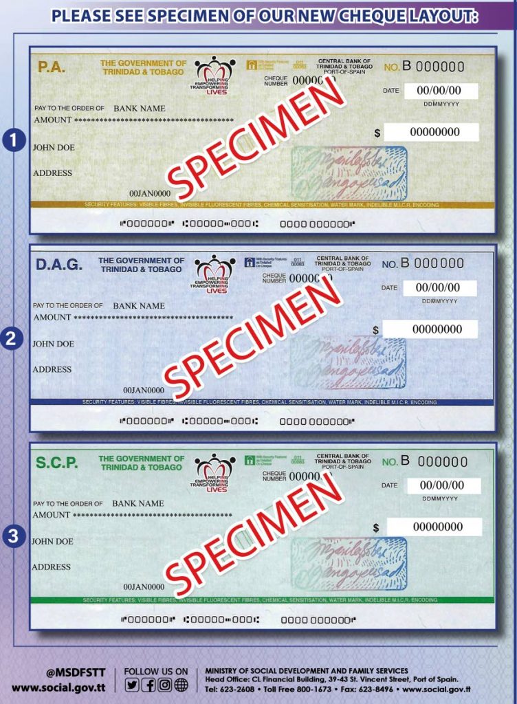 NEW DESIGN: This photo shows the new Ministry of Social Development and Family Services cheques which carries updated security features aimed at stopping or reducing incidences of fraud. PHOTO COURTESY MINISTRY OF SOCIAL DEVELOPMENT 