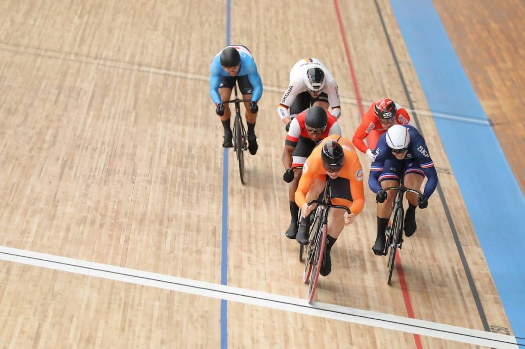 TT's Nicholas Paul, centre/red, in action during his men's keirin second round performance at the Track Cycling World Championships in France on Thursday morning.  - Courtesy UCI