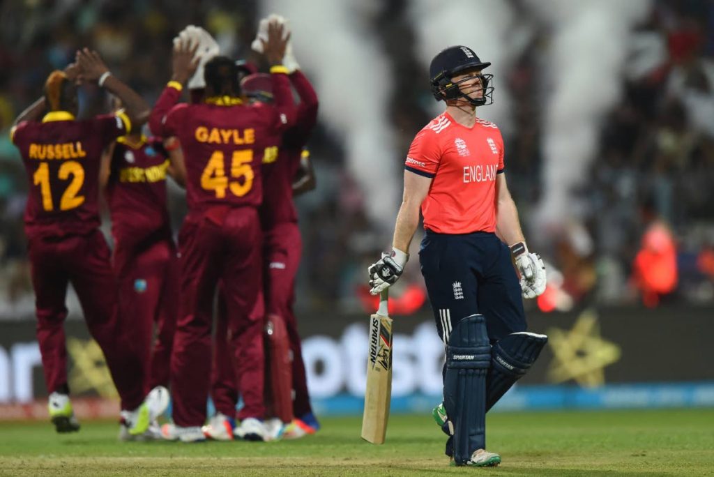 In this file photo taken on April 03, 2016 England’s captain Eoin Morgan walks back to the pavilion after his dismissal during the World T20 cricket tournament final match between England and West Indies at The Eden Gardens Cricket Stadium in Kolkata.  - 