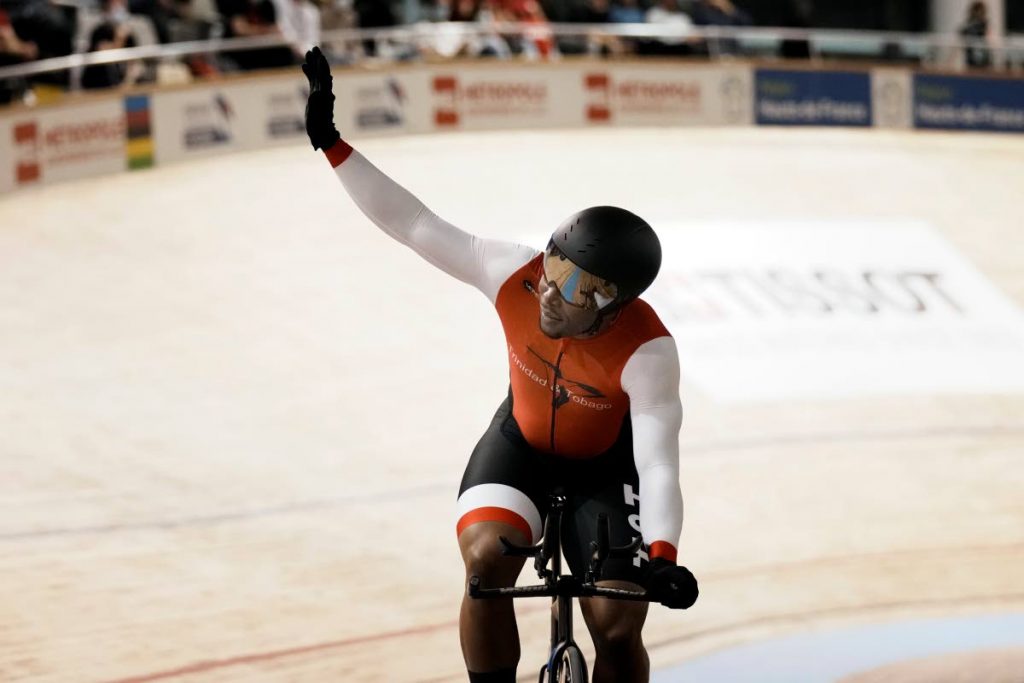 Trinidad and Tobago's Nicholas Paul waves during the men's 1 km time trial race at the UCI Track Cycling World Championship in Roubaix, north of France, on Friday. (AP Photo) - 