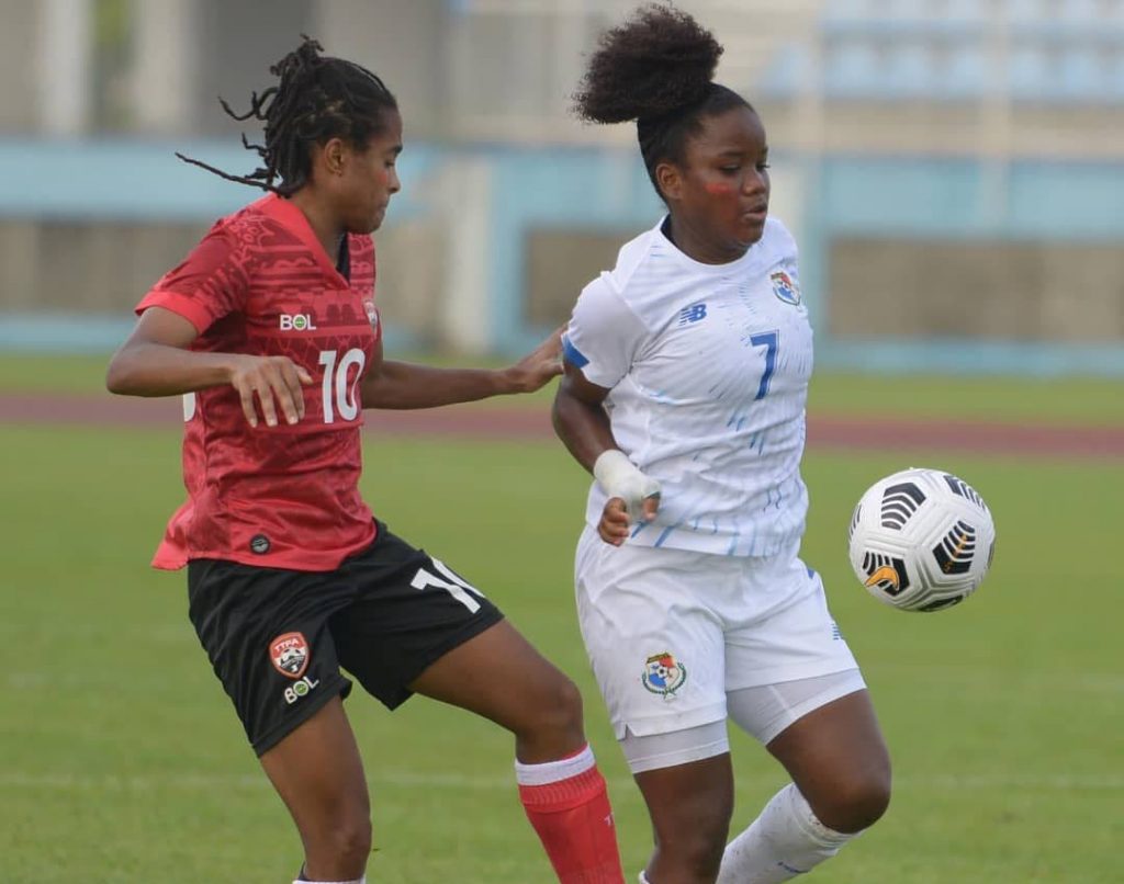 Trinidad and Tobago's Ochelle Decourcy (L) battles for the ball with Panama's Deysire Salazar during the international friendly, at the Ato Boldon Stadium, Couva, on Monday.  - via TTFA Media