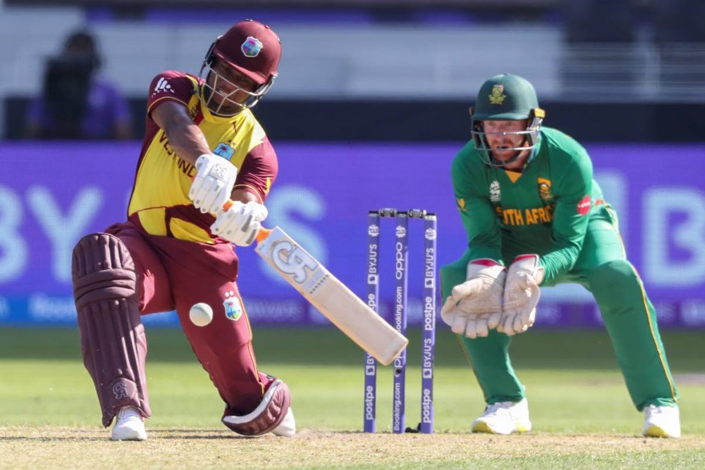 West Indies' Evin Lewis bats during the Twenty20 World Cup match between South Africa and the West Indies in Dubai, UAE, on Tuesday. (AP Photo) 
