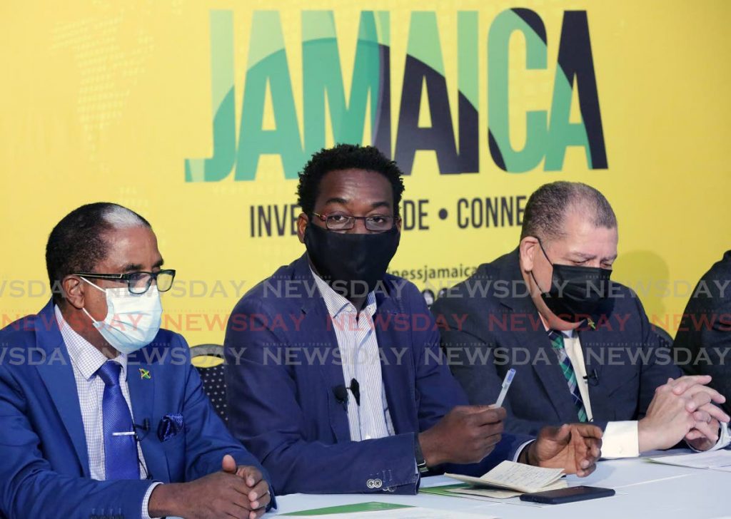 From left: Dr Norman A Dunn, minister of state in Jamaica's ministry of industry, investment and commerce; Sylvester Gwebonyo, junior managing Partner Noble Capital Fund; and Audley Shaw, Jamaica's minister of agriculture and fisheries at a media briefing on Tuesday. - Andrea De Silva