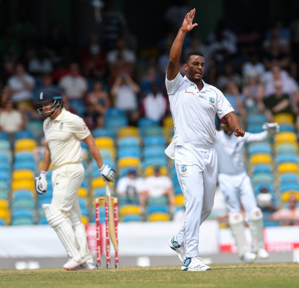 Shannon Gabriel of West Indies celebrates the dismissal of England's Jonny Bairstow during a 2019 Test series at Kensington Oval, Bridgetown, Barbados. - 