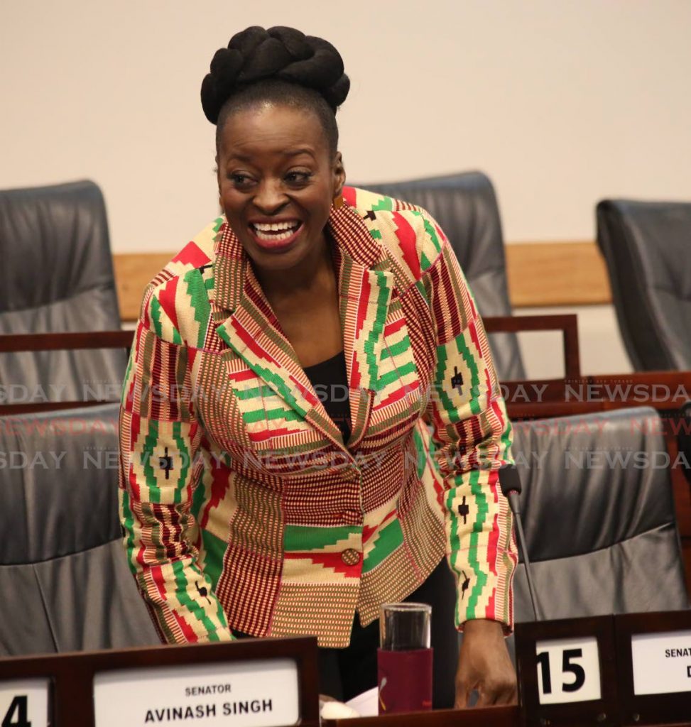 In this October 24, 2019 file photo, Senator Donna Cox contributes to the 2020 budget debate. A leak interrupted debate on the 2021 budget while Cox, the Minister of Social Development and Family Services, was speaking on Tuesday.  - 