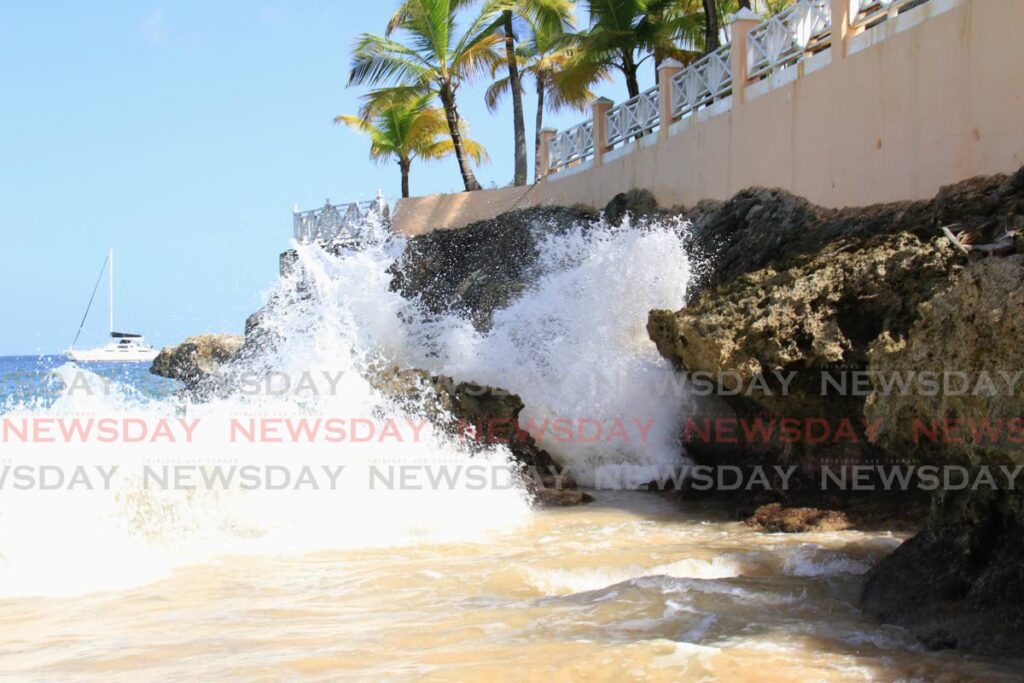 A wave crashes against the rocks on the perimeter of Coco Reef Resort and Spa, Crown Point, Tobago. FILE PHOTO/AYANNA KINSALE - 