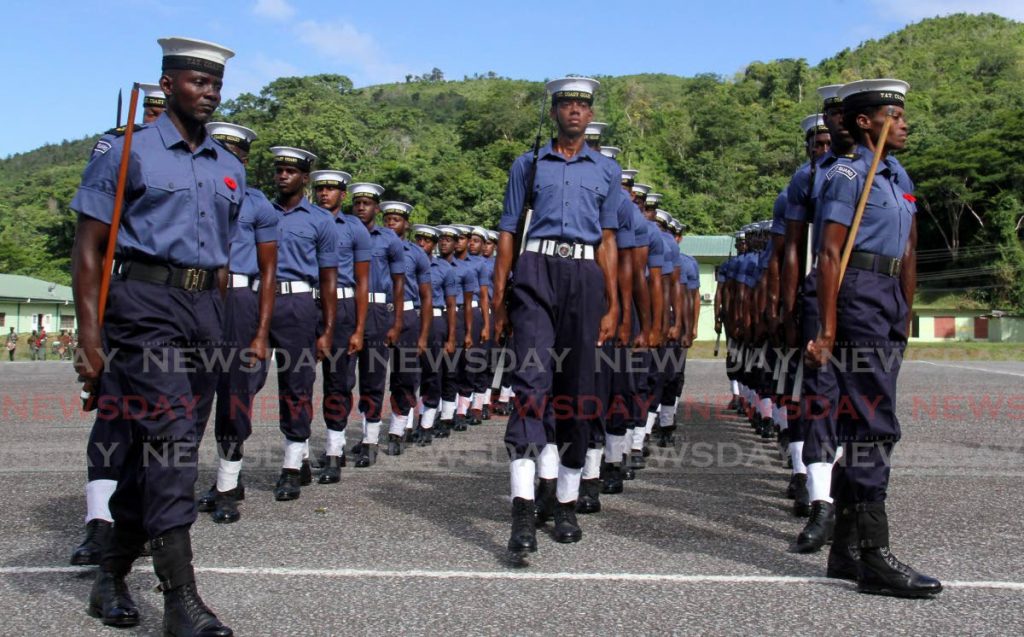 Trinidad and Tobago Coast Guard recruits, march at the TT Defence Force joint recruit passing out parade, at Teteron Barracks, Chaguaramas on Tuesday. Photo by Angelo Marcelle