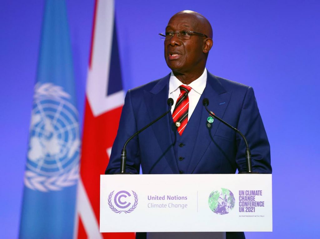 Prime Minister Keith Rowley speaks during the UN Climate Change Conference COP26 in Glasgow, Scotland, on November 2. The Prime Minister announced the state of emergency would end on November 29, on his return from London on Saturday night. AP PHOTO - 