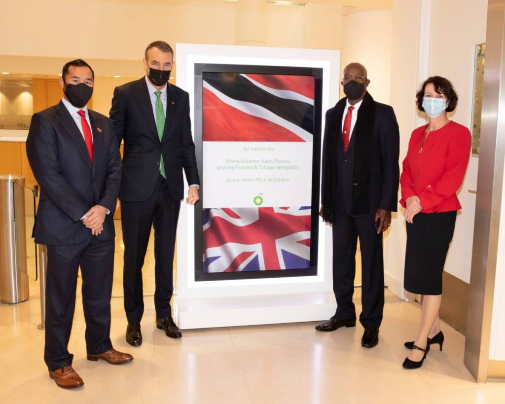From left, Energy Minister Stuart Young, BP CEO Bernard Looney, Prime Minister Dr Keith Rowley and regional president BPTT Claire Fitzpatrick pose for a photo on Thursday in England where Rowley and Looney met to discuss energy-related matters. 
PHOTO COURTESY OFFICE OF THE PRIME MINISTER - PHOTO COURTESY OFFICE OF THE PRIME MINISTER