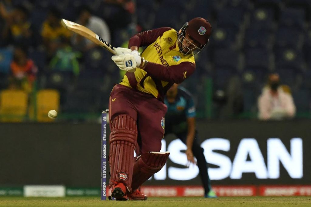 West Indies' Shimron Hetmyer plays a shot during the ICC Twenty20 World Cup cricket match between West Indies and Sri Lanka at the Sheikh Zayed Cricket Stadium in Abu Dhabi, United Arab Emirates on Thursday. (AFP PHOTO) - 