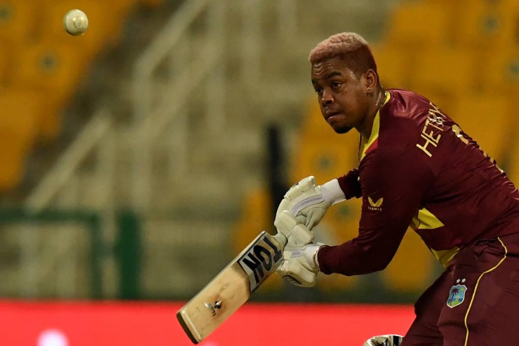 West Indies' Shimron Hetmyer plays a shot during the ICC Twenty20 World Cup cricket match between West Indies and Sri Lanka at the Sheikh Zayed Cricket Stadium in Abu Dhabi, UAE on Thursday. (AFP PHOTO) - 