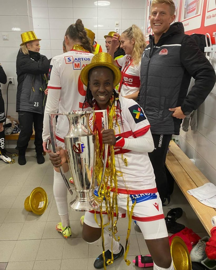 TT's Kennya Cordner celebrates after her club IL Sandviken won the Norwegian Women's Cup on Sunday.  - Courtesy: IL Sandviken