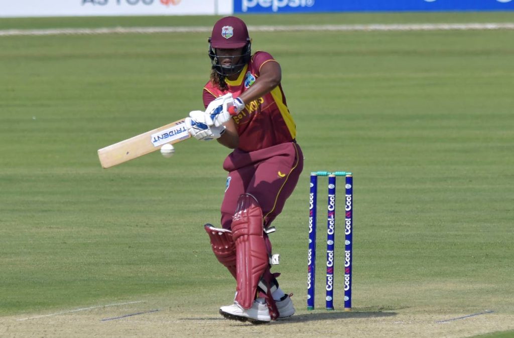 West Indies' Hayley Matthews  plays a shot during the first one-day international against Pakistan at the National Stadium in Karachi, Pakistan, on Monday. - (AP PHOTO)
