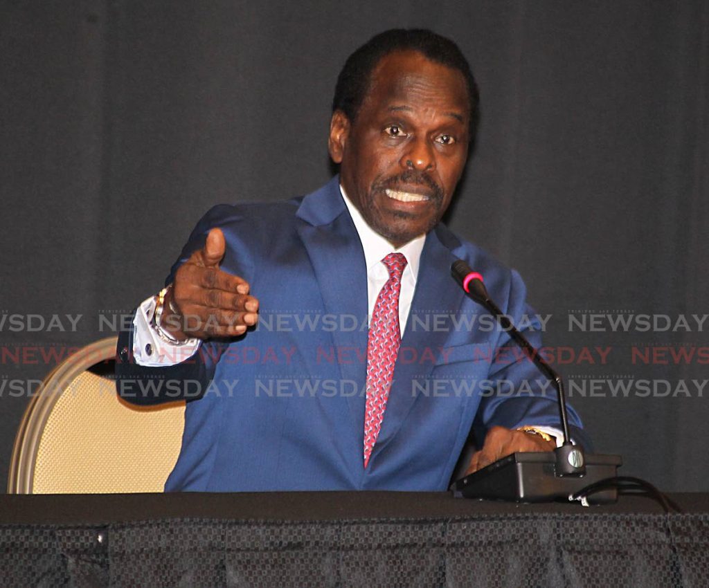 WE'VE DONE ALL WE CAN: National Security Minister Fitzgerald Hinds speaking at a press conference at the Hyatt Regency in Port of Spain on Monday. PHOTO BY ROGER JACOB - 
