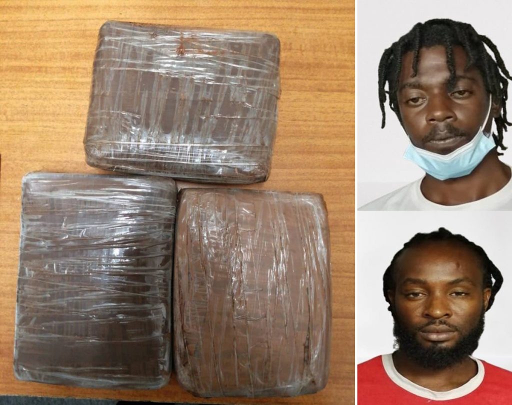JAILED: This composite photo shows, top right, Ronnie Huggins and, bottom right, Wayne Huyghue, who were both jailed for six months on Thursday for possession of three packets of marijuana, photo at left, for the purpose of trafficking. PHOTOS COURTESY TTPS - ttps