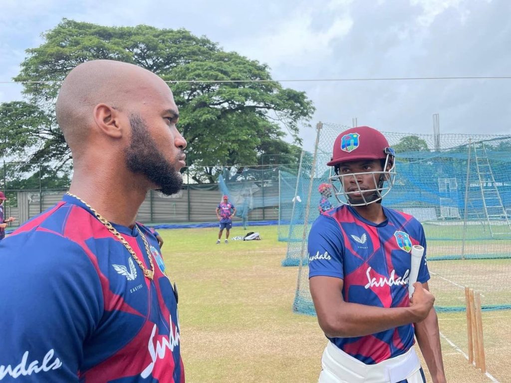 West Indies Test captain Kraigg Brathwaite (left) and Jeremy Solozano during a training session in Colombo, Sri Lanka on November 12, 2021. PHOTO COURTESY CRICKET WEST INDIES. - 