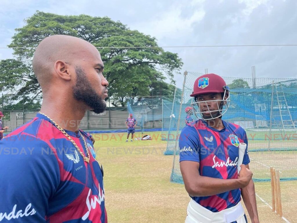 West Indies Test captain Kraigg Brathwaite (left) and Jeremy Solozano during a training session in Colombo, Sri Lanka on November 12. PHOTO COURTESY CRICKET WEST INDIES. - 