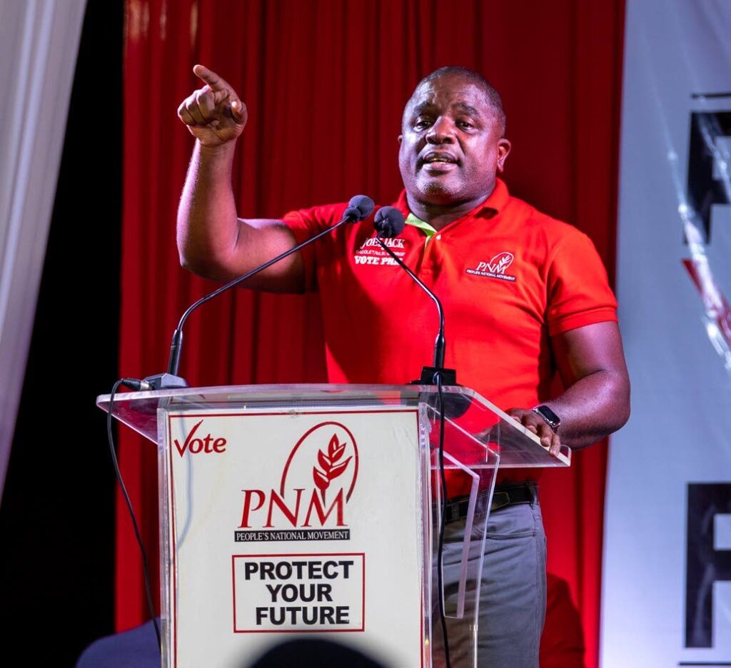 Joel Jack speaks to PNM supporters during a Bagatelle/Bacolet Council meeting in Calder Hall. PHOTO COURTESY PNM - 