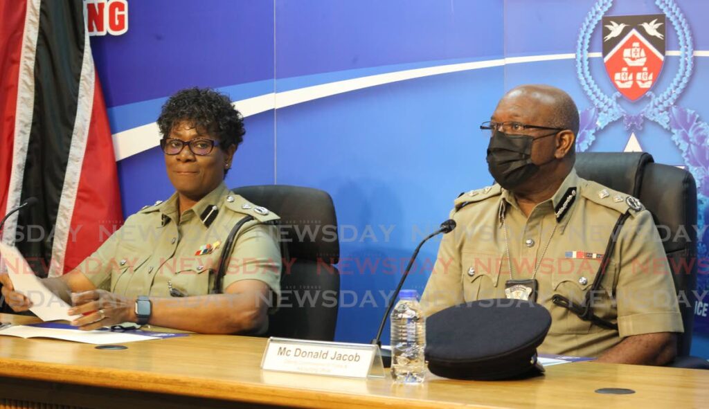 From left, ACP Erla Christopher and DCP McDonald Jacob at a police media briefing at Police Administration Building in Port of Spain, Thursday. - ROGER JACOB