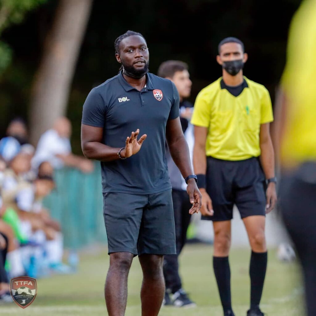 Trinidad and Tobago women’s football coach Kenwyne Jones gives instructions during the team’s friendly against the Dominican Republic in San Cristobal, Dominican Republic on Friday. PHOTO COURTESY TTFA - 