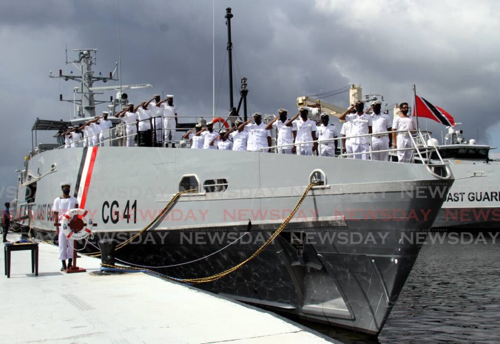 SET TO SAIL: Coast Guard sailors aboard the TTS PoS (CG41) vessel after it was commissioned at Staubles Bay, Chaguaramas on Sunday. - Ayanna Kinsale