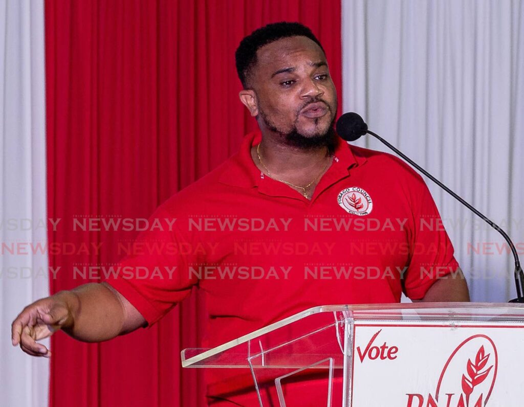 PNM Tobago Council PRO Kwesi Des Vignes at a recent political meeting at Mason Hall Secondary School.  - David Reid