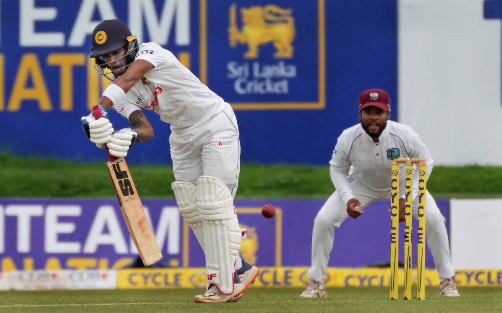 Sri Lankan batsman Pathum Nissanka plays a shot during the day one of the second Test between Sri Lanka and West Indies in Galle, Sri Lanka, on Monday. (AP PHOTO) - 