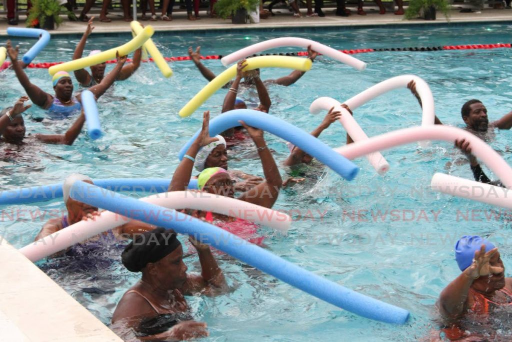 In this file photo,  senior citizens take part in water aerobics at the Sogren Trace, Laventille, pool. - PHOTO BY ANGELO MARCELLE