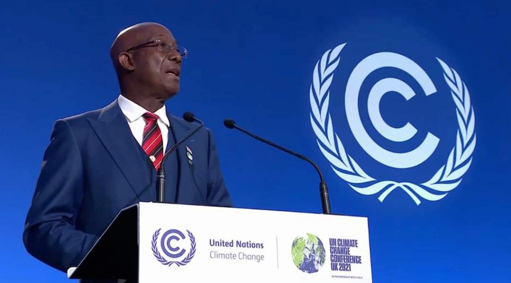 Prime Minister Dr. Keith Rowley delivered a statement at the World Leaders Summit on Climate Change in Glasgow, Scotland  on Tuesday/ Photo courtesy Office of the Prime Minister -