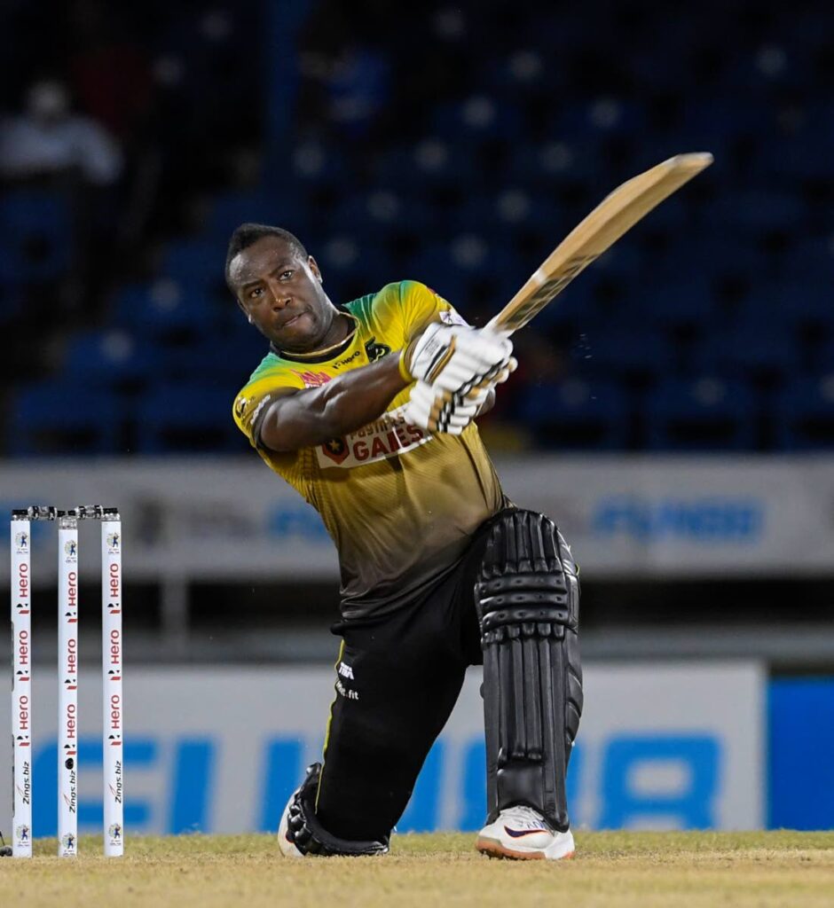 Andre Russell of Jamaica Tallawahs hits a 6 during the Hero Caribbean Premier League match 12 against the Guyana Amazon Warriors at Queen's Park Oval, St Clair.  - 