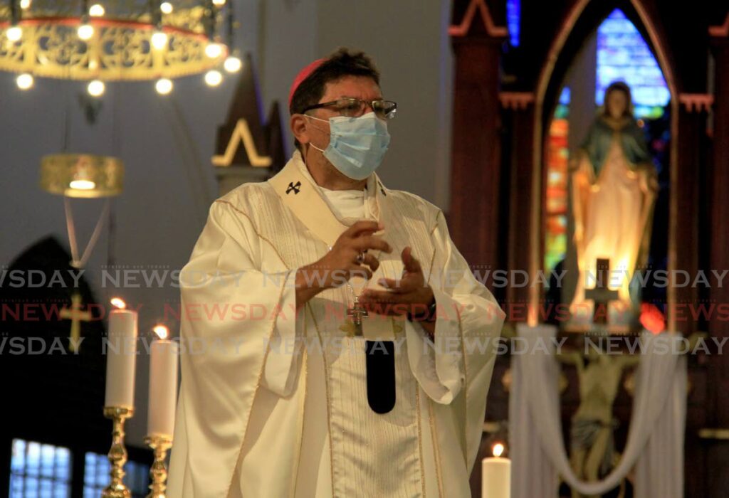 Archbishop Jason Gordon during mass at the Cathedral of Immaculate Conception, Port of Spain in April. - File photo/Ayanna Kisnale