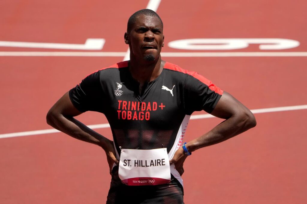 In this August 1, 2021 file photo TT's Dwight St. Hillaire reacts after competing in a heat in the men's 400m at the 2020 Summer Olympics, in Tokyo. (AP Photo) - 