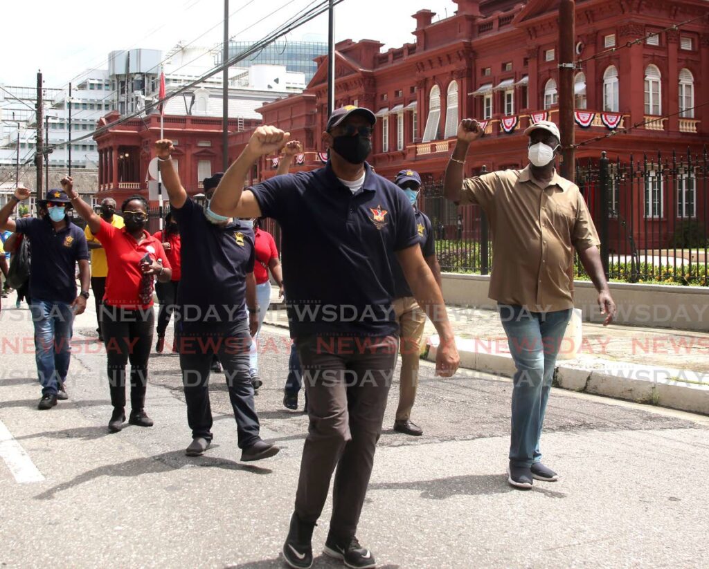 In this August 2021 file photo, trade union leaders take part in 'Freedom Day' walk from Aranguez savannah to Woodford Square, Port of Spain to protest issues including loss of jobs and income; increased food prices, rent and cost of household items; and concerns over NIB, privatisation, vaccinations, electricity rates, water rates and fuel prices. - FILE PHOTO/SUREASH CHOLAI