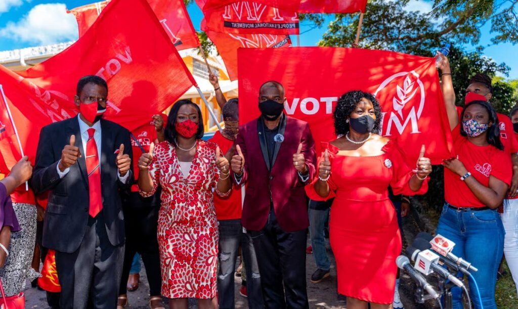 In this December 2021 file photo, PNM Tobago Council leader Tracy Davidson-Celestine, second from left, leads a group of candidates on Nomination Day in Calder Hall. Photo courtesy PNM