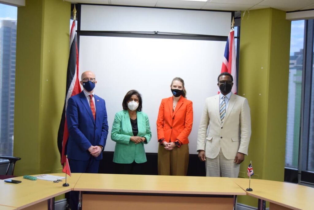 Trade Minister Paula Gopee-Scoon, second from left,  Jonathan Knott, the UK’s Trade Commissioner to Latin America and the Caribbean, left, UK High Commissioner to TT Harriet Cross and Darren Henry, UK PM’s Trade Envoy to the Caribbean at right. 
PHOTO COURTESY MINISTRY OF TRADE AND INDUSTRY - 