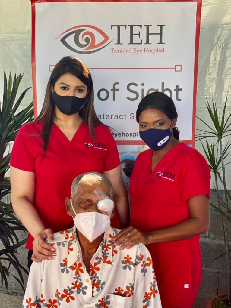 In this December 2021 file photo, Harry Ramberan who was among 33 people who benefitted during the Gift of Sight and Sight Savers, charity eye surgery event with Prianka Persad, left,  and Anisa Thomas. Photo courtesy of the Trinidad Eye Hospital