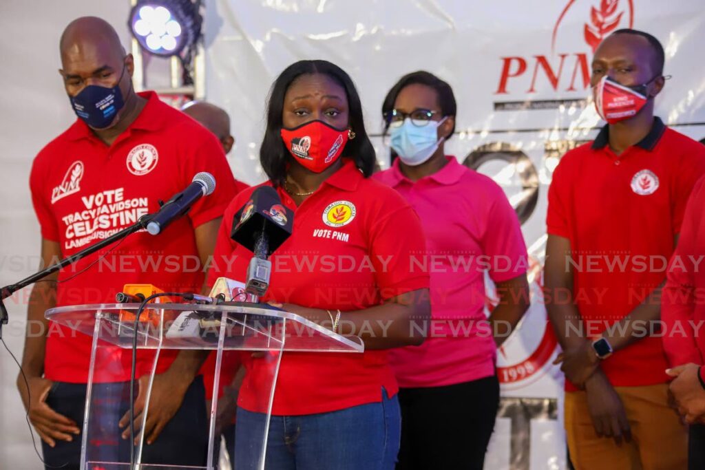 PNM Tobago Council leader Tracy Davidson-Celestine concedes defeat in the THA elections on Monday night, at the Shaw Park Cultural Complex, Tobago. - Jeff K Mayers