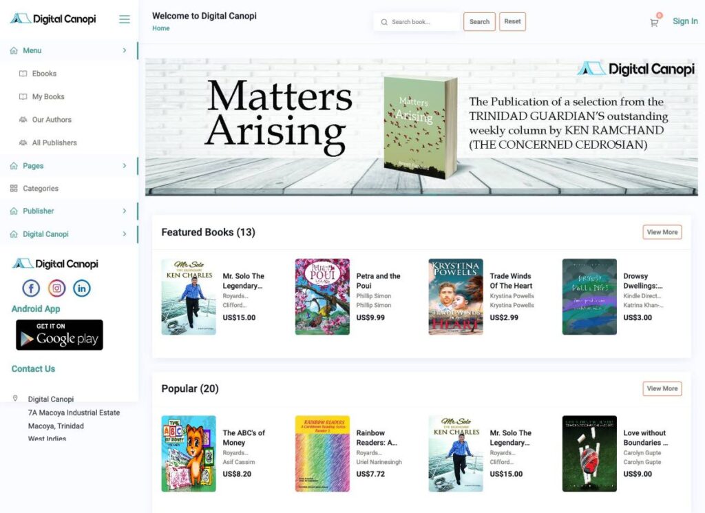 A screensht of the Digital Canopi, the online e-book platform of Royards Publishing. - 