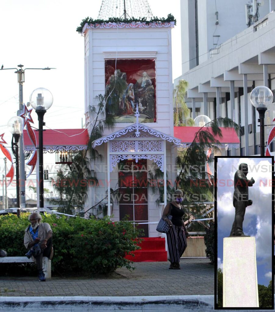 WHERE’S THE CAPTAIN?: Some people are questioning why the statue of World War I veteran, union leader and politician Capt Arthur Cipriani was covered by this gingerbread house by the Port of Spain City Corporation. INSET: Capt Cipriani’s statue. PHOTO BY SUREASH CHOLAI - 