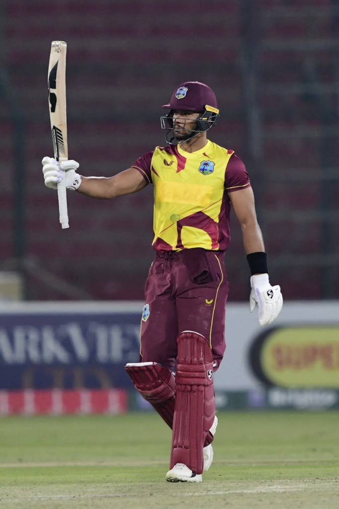 West Indies’ cricketer Brandon King celebrates after scoring a half-century during the second Twenty20 against Pakistan at the National Stadium in Karachi on Tuesday.  - (AP PHOTO)