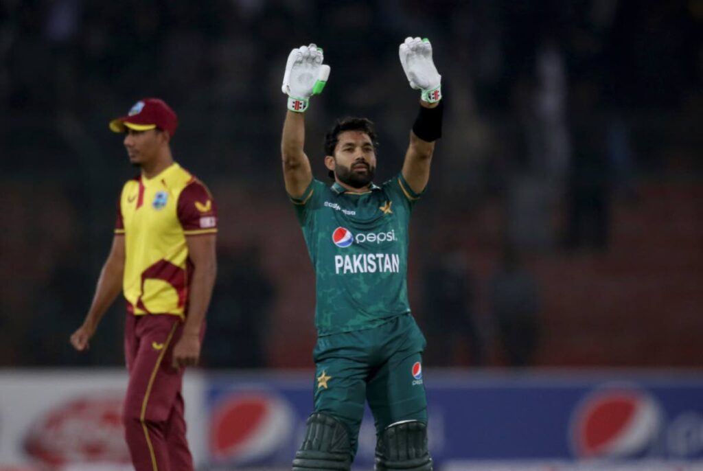 Pakistan's Mohammad Rizwan celebrates after his fifty during the third Twenty20 against West Indies at the National Stadium, in Karachi, Pakistan, on Thursday. (AP Photo) - 