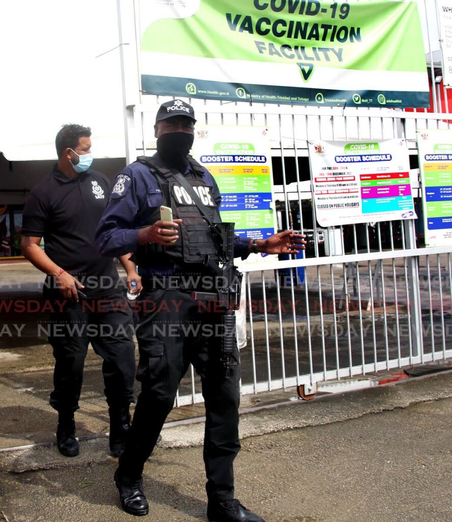 Police officers got their covid19 vaccines at the Paddock, Queen's Park Savannah  in Port of Spain. Photo by Sureash Cholai