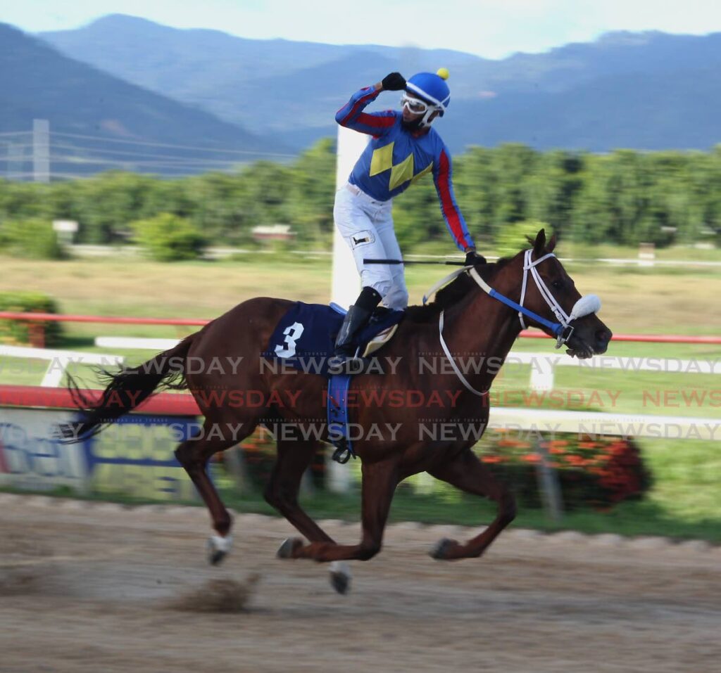 Jockey Prayven Badrie celebrates after riding the six-year-old Affrimative to victory in the National Lotteries Control Board-sponsored Gold Cup, at the Santa Rosa Park, Arima, on Monday.  - ROGER JACOB