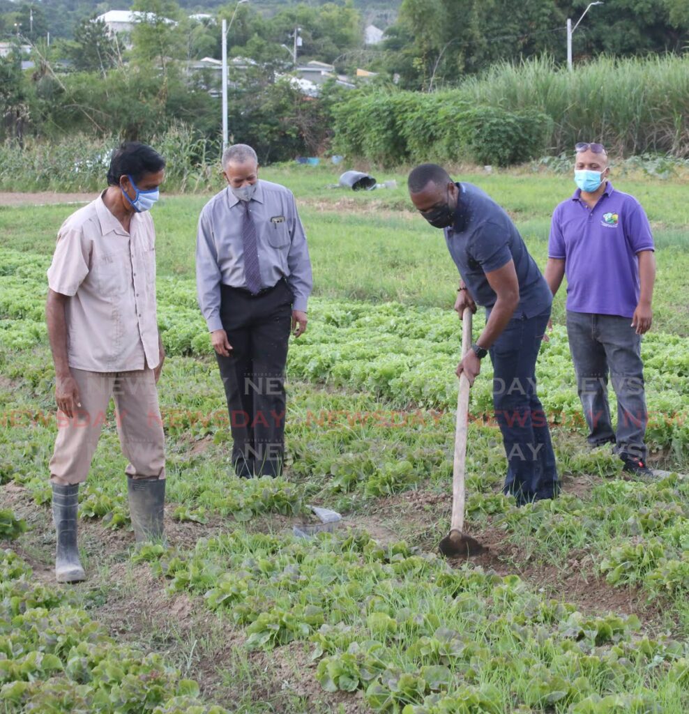 Public Utilities Minister and MP for Lopinot/Bon Air West Marvin Gonzales tills the garden of farmer Davanand Jadoo, left, alongside officials during an event to commission street lights in Bon Air West on July 22, 2021. - Photo by Sureash Cholai