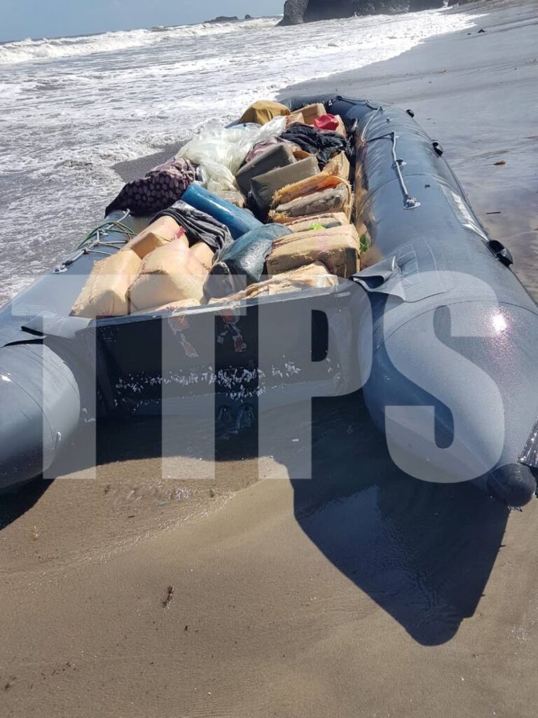 The dinghy loaded with drugs which waseized by police on December 31 at Manzanilla.  - Photo coutesy TTPS