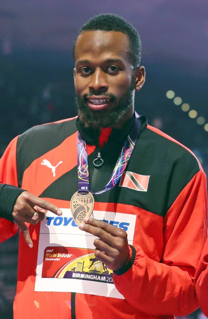 Trinidad and Tobago's bronze medallist Deon Lendore poses during the medal ceremony for the men's 400-metre final at the World Athletics Indoor Championships in Birmingham, Britain, in this March 3, 2018 file photo.  (AP Photo) - 