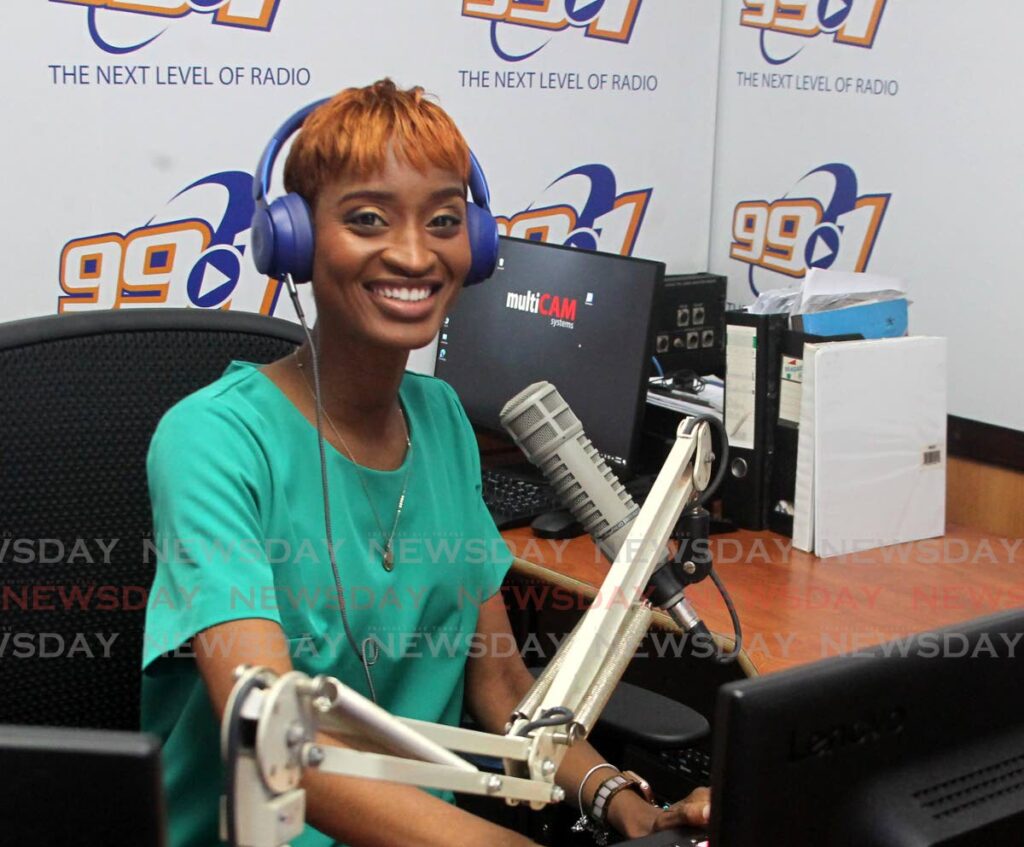 Ainka Williams, 99.1FM radio announcer in studio at TTT Ltd, Maraval Road, Port of Spain. - ROGER JACOB
