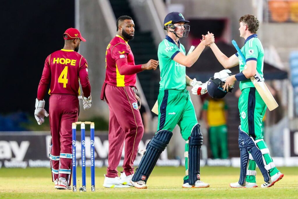 West Indies captain Kieron Pollard ( 2nd from left) and vice captain Shai Hope walk off the field, at Sabina Park, Jamaica, at the end of the second ODI match against Ireland, on Thursday. Ireland won the match and tied the series 1-1.  - CWI Media